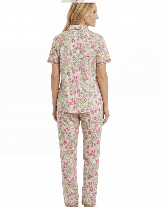Ivory Pink Floral Print Cotton Pajama Set in Bag