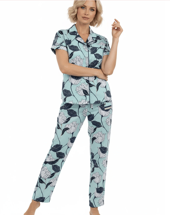 Blue/Teal Floral Print Cotton Pajama Set in Bag