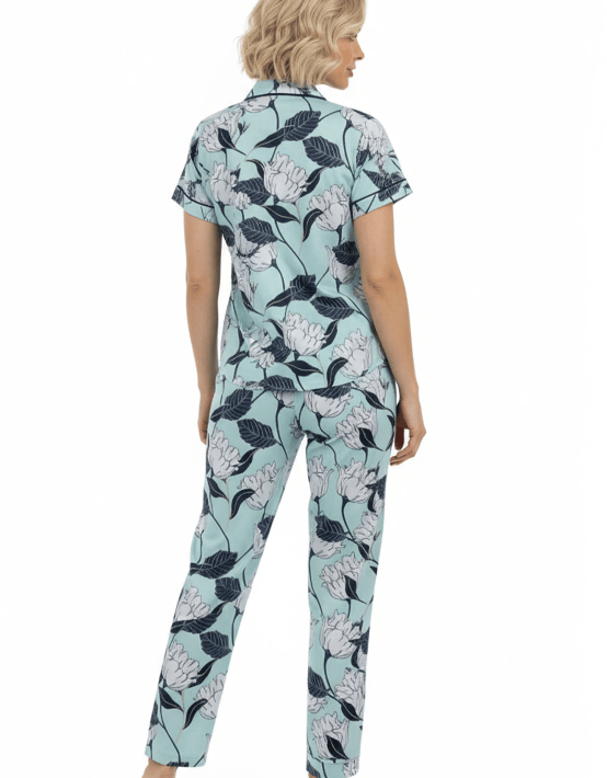 Blue/Teal Floral Print Cotton Pajama Set in Bag