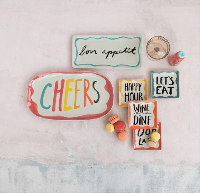 Stoneware Platter with Wax Relief Word "Cheers"
