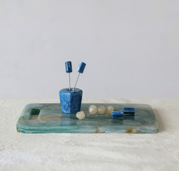 Teal, White & Orange Marbled Resin Cheese/Serving Board with Gold Foil & Handle (Each One Will Vary)