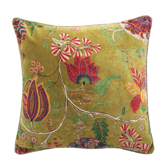 Square Cotton Velvet Printed Pillow with Flowers & Mini Pom Pom Trim (Each Will Vary)