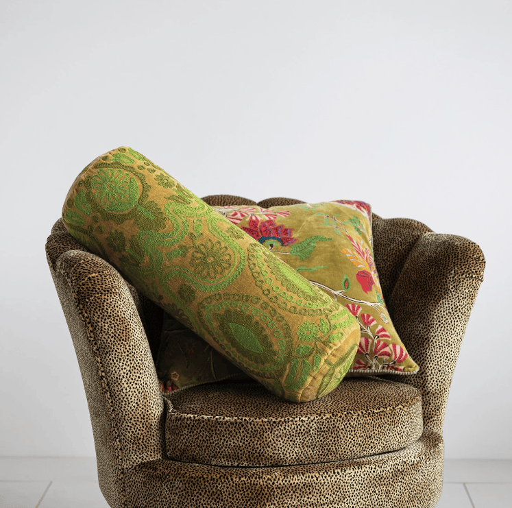 Square Cotton Velvet Printed Pillow with Flowers & Mini Pom Pom Trim (Each Will Vary)