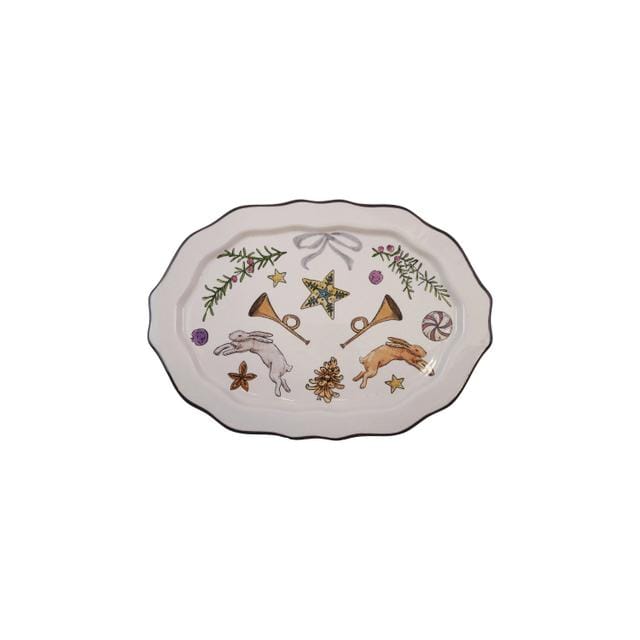 Stoneware Platter with Horns and Rabbits Scalloped Decorative Edge