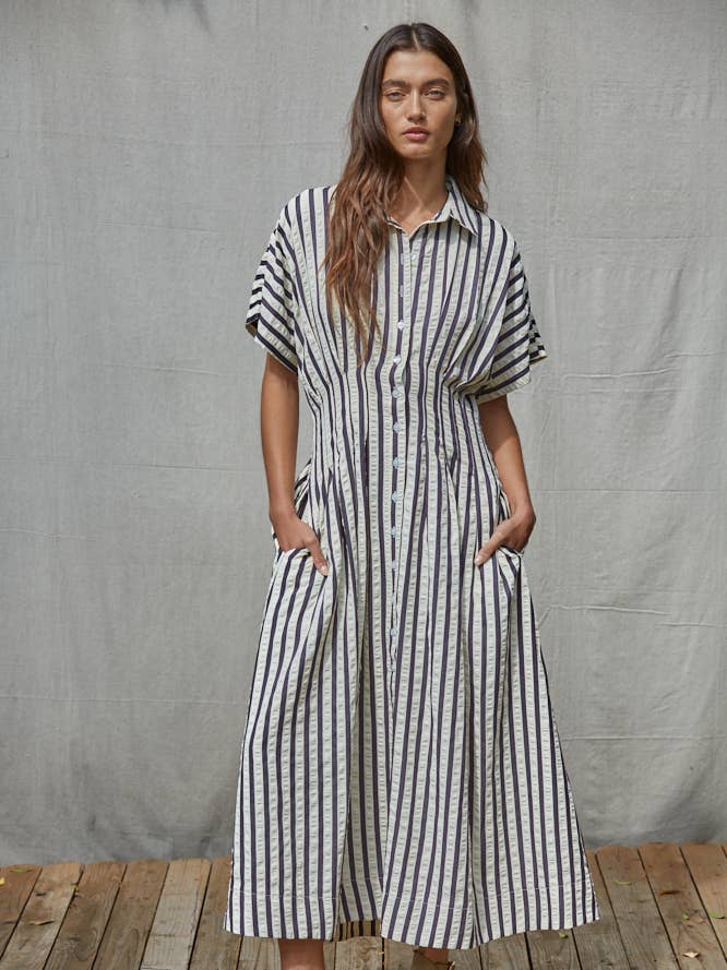 Striped Button Front Midi Shirt Dress