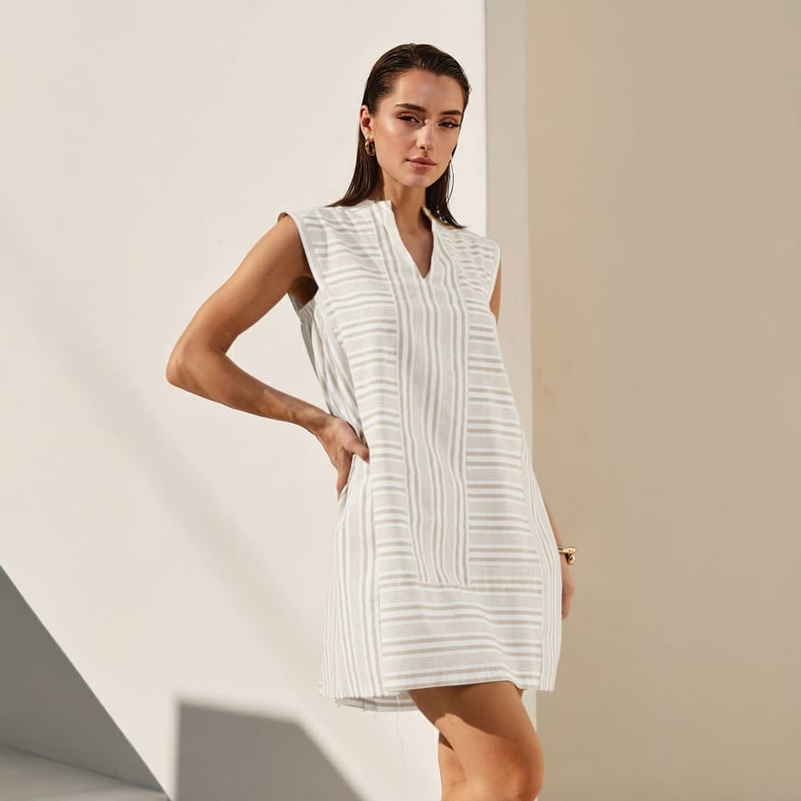 Striped Mini Shift Dress in Sand