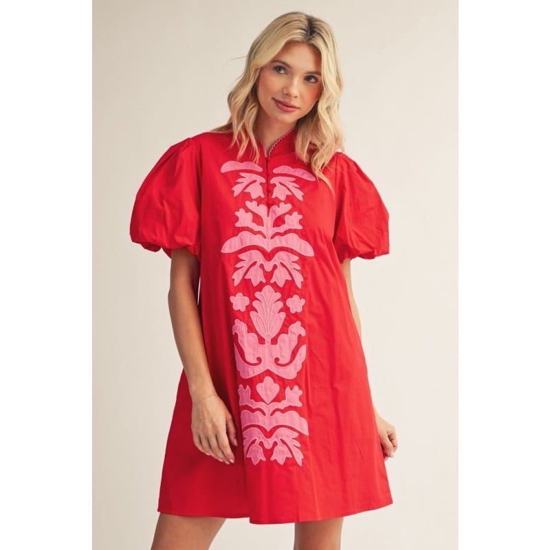 Pink Baroque Floral Applique Detail on Solid Red Shift Dress