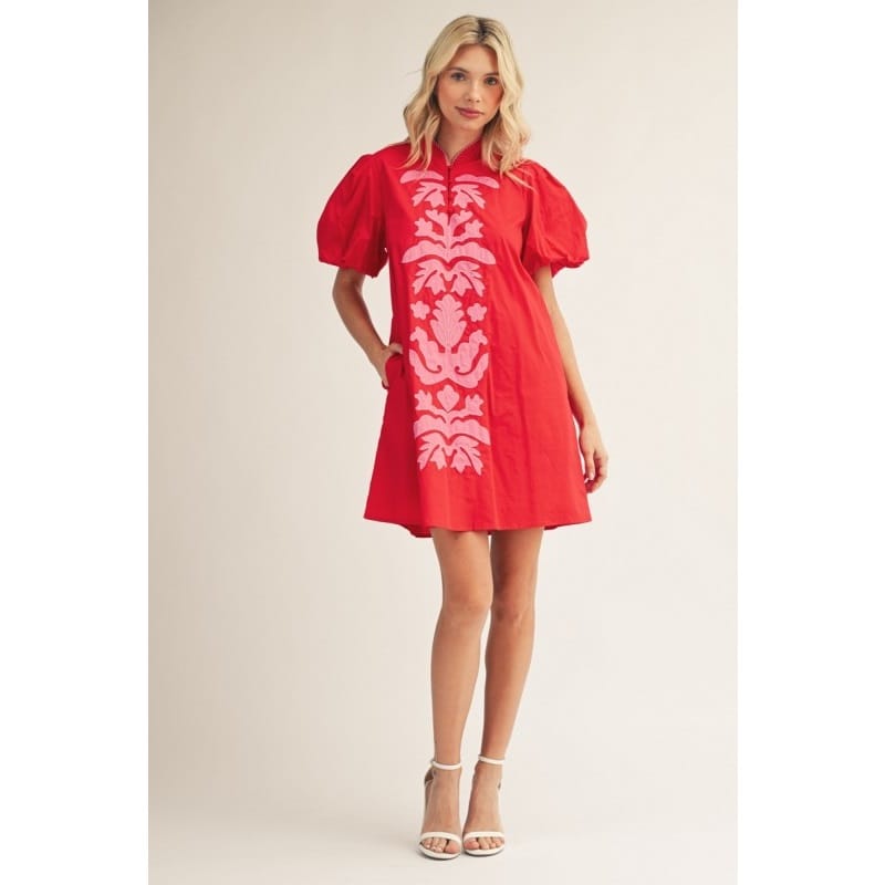 Pink Baroque Floral Applique Detail on Solid Red Shift Dress