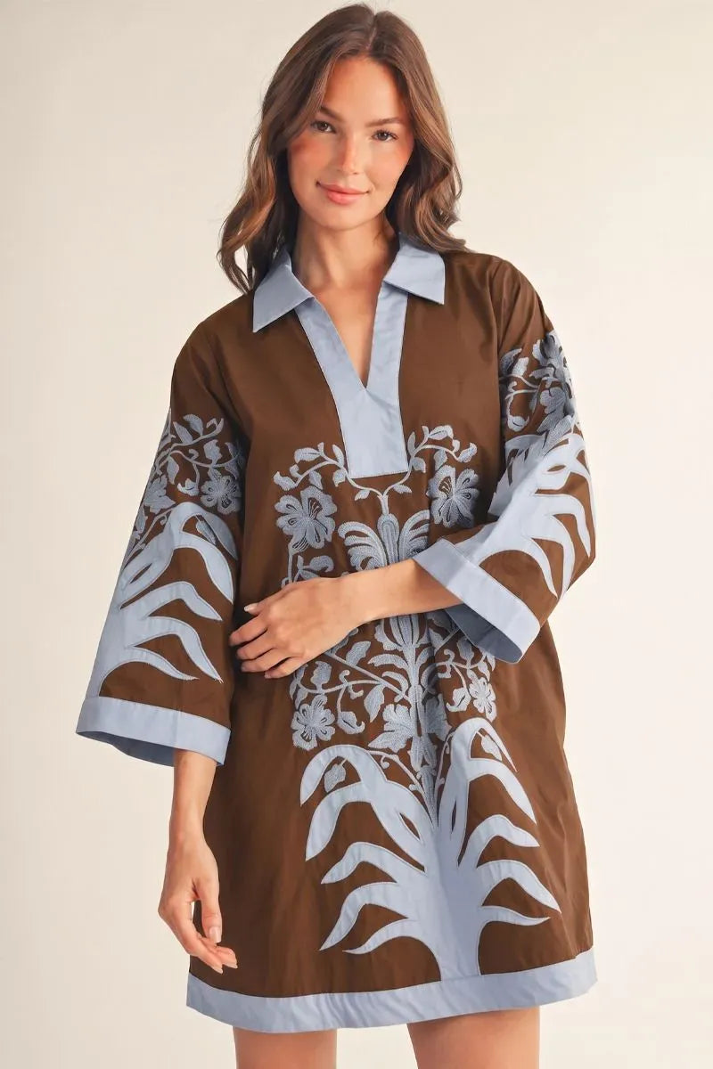 Style USA Baroque Embroidered Cotton Shift Dress - Chocolate Brown - Little Miss Muffin Children & Home