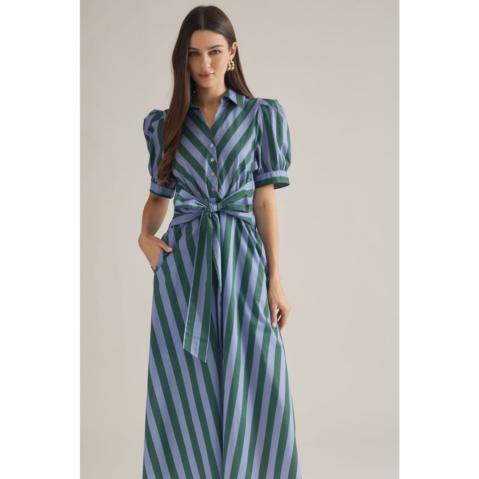 Stripe Short Puff Sleeve Midi Dress