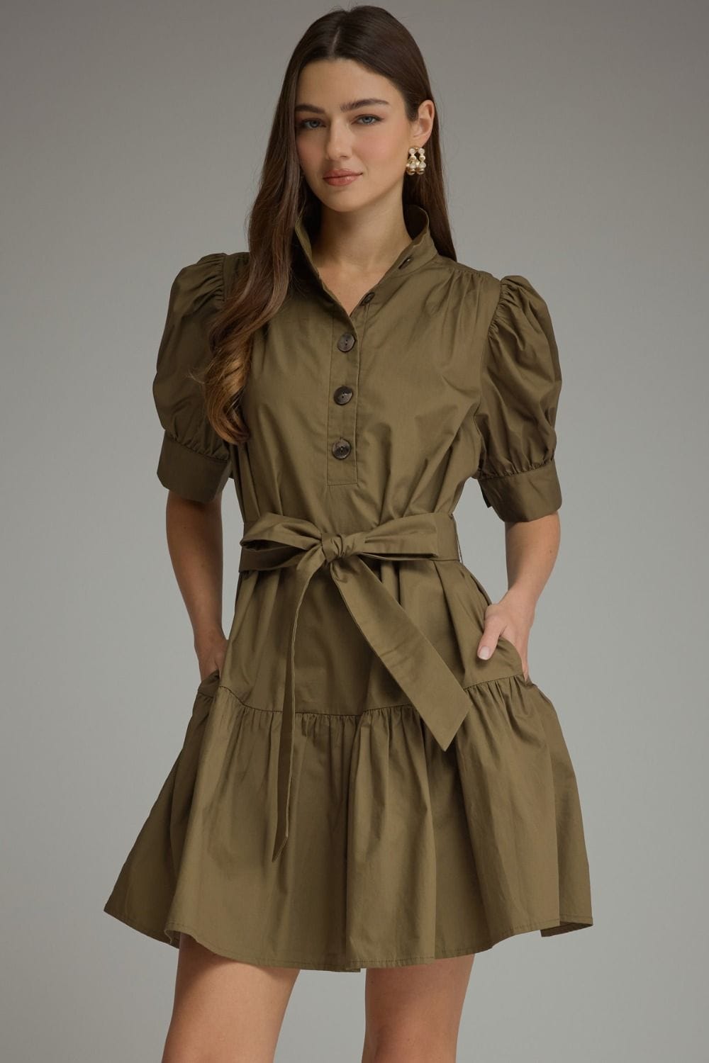 Solid Short Puff Sleeve Tiered Mini Dress