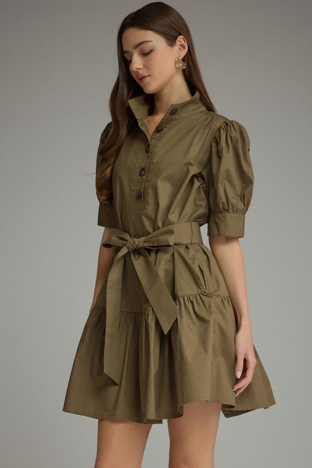 Style USA Olive Puff Sleeve Tiered Mini Dress with Pockets - Little Miss Muffin Children & Home