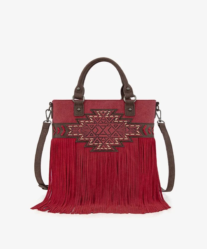 Montana West Burgundy Aztec Tooled Fringe Tote/Crossbody - Little Miss Muffin Children & Home