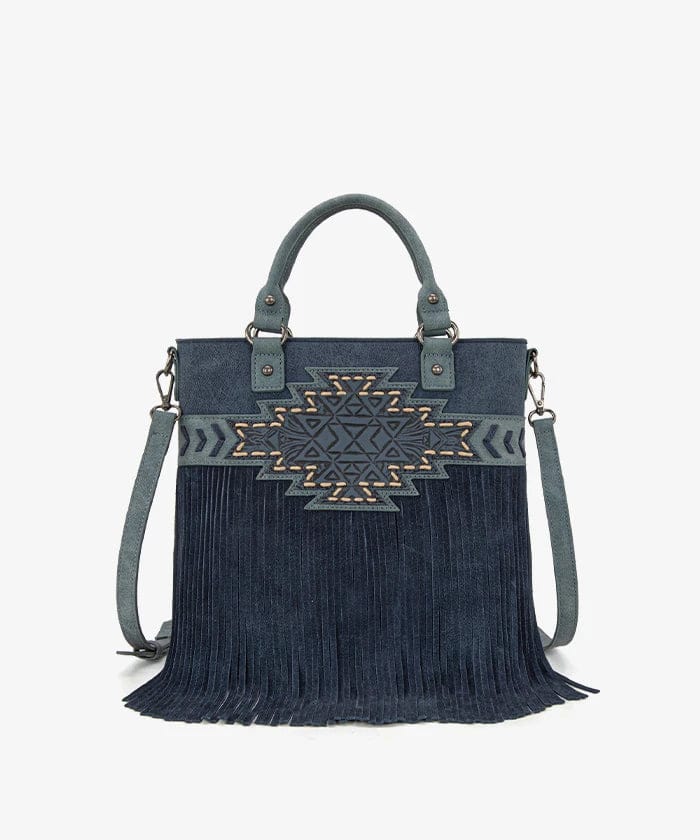 Montana West Navy Aztec Tooled Fringe Tote/Crossbody - Little Miss Muffin Children & Home