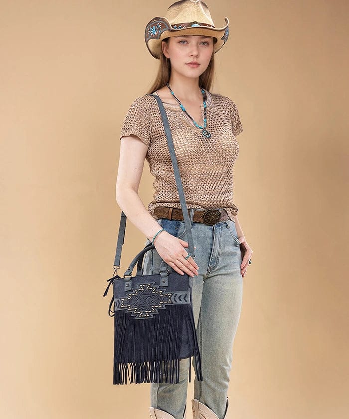 Montana West Navy Aztec Tooled Fringe Tote/Crossbody - Little Miss Muffin Children & Home