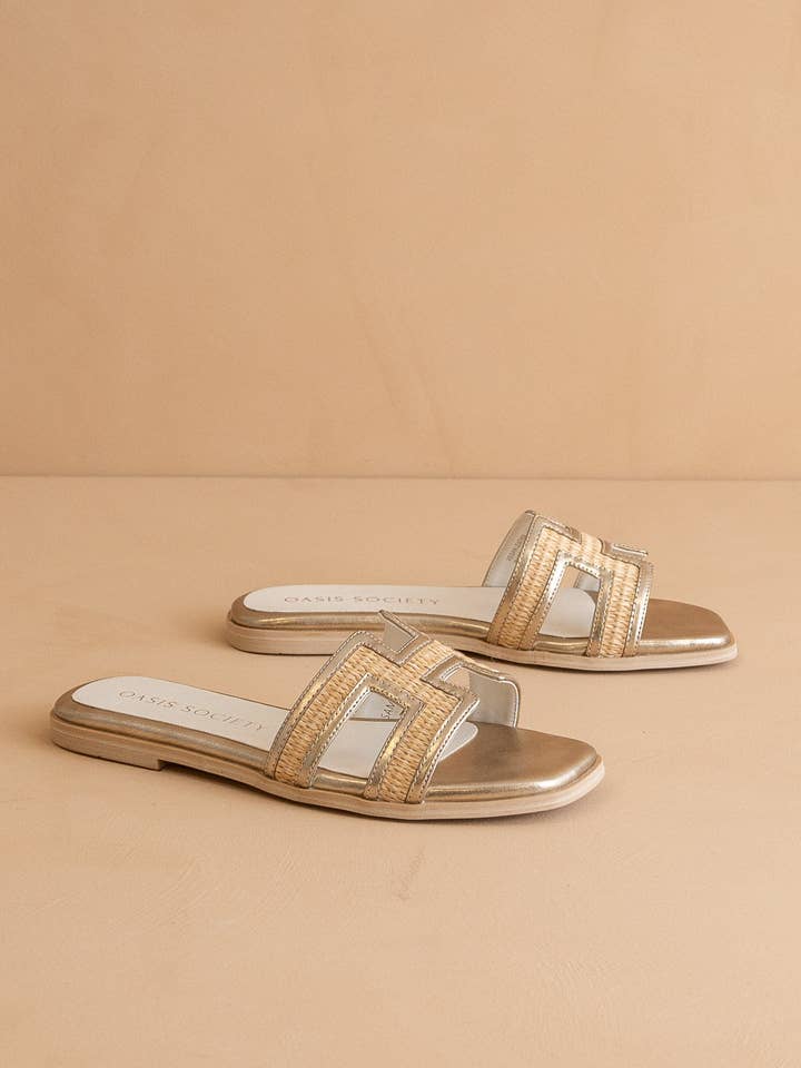 Oasis Society The Ena Gold H Cutout Raffia Slide - Little Miss Muffin Children & Home