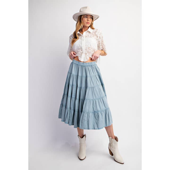 Tiered Light Weight Denim Midi Skirt