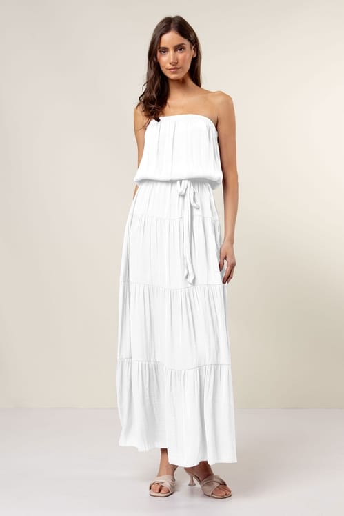 Tiered Strapless Maxi Dress in Off White
