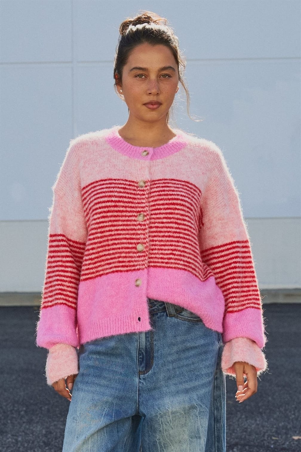 Striped Fuzzy Knit Volume Sleeve Cardigan