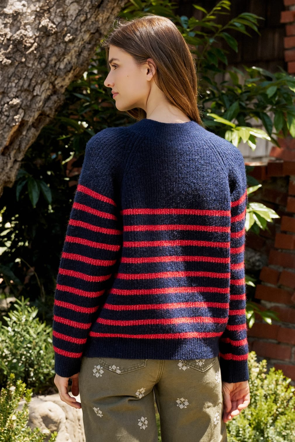 Urban Daizy Urban Daizy Women’s Red/Navy Striped Mock Neck Sweater with Gold Buttons - Little Miss Muffin Children & Home