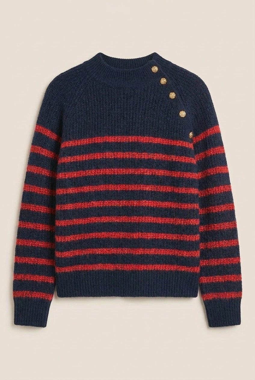 Urban Daizy Urban Daizy Women’s Red/Navy Striped Mock Neck Sweater with Gold Buttons - Little Miss Muffin Children & Home