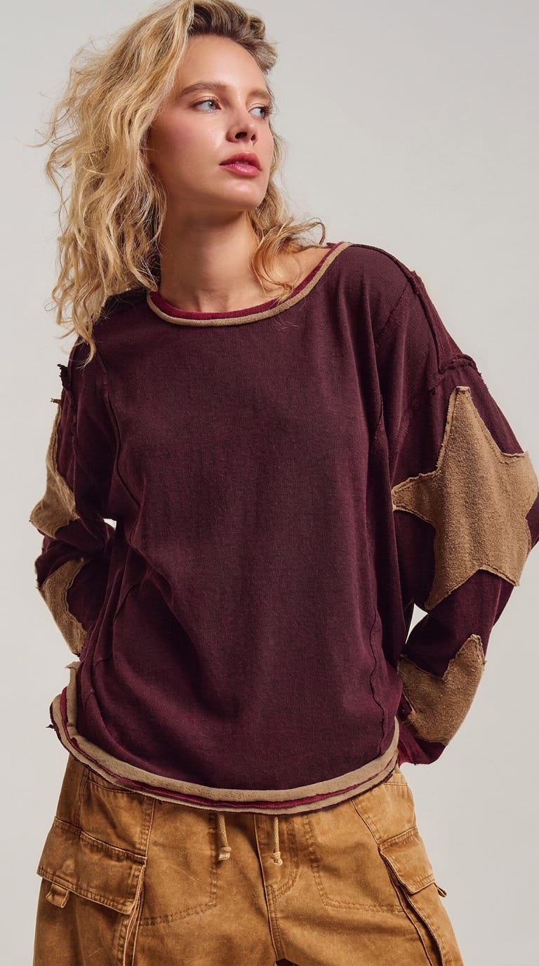 Urban Daizy Women’s Brown Star Patch Slouchy Knit Top with Raw Seams
