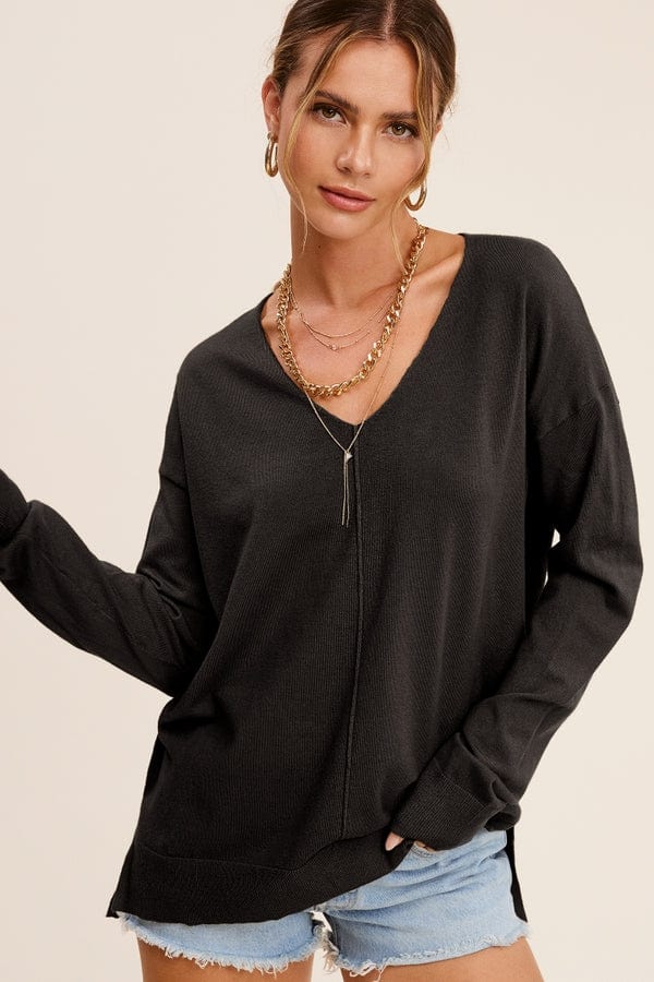 La Miel La Miel Lightweight V-Neck Sweater in Black - Little Miss Muffin Children & Home