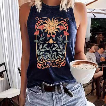 Vintage Sun Graphic Sleeveless Crewneck Top in Navy Blue