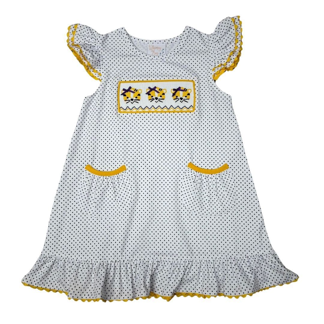 Whimsy Bay Kids Gold & Purple Tiger Smocked Faye Flutter Dress - Little Miss Muffin Children & Home