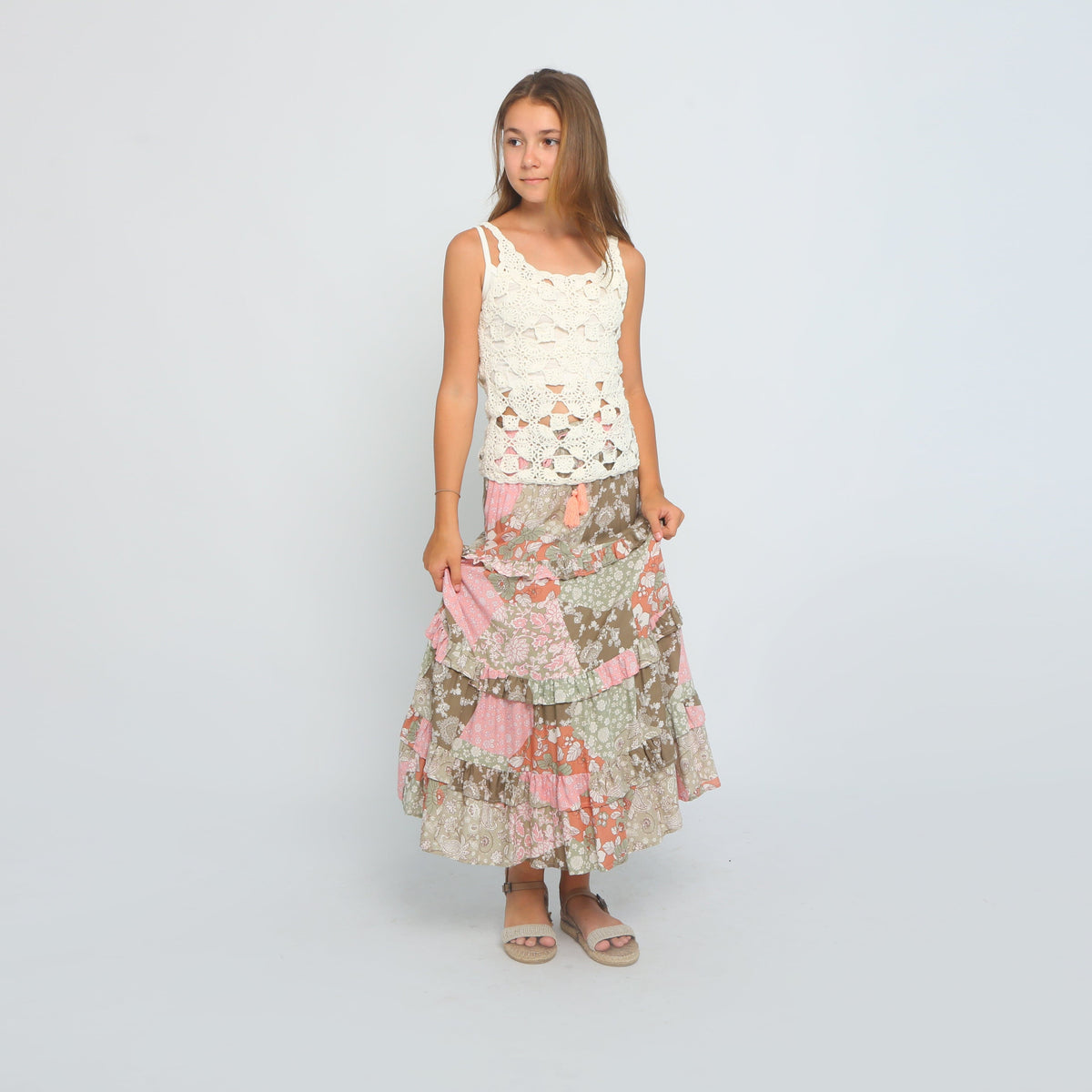 Joyous and Free Joyous and Free Maxi Tier Skirt Wonderland Olive Peach - Little Miss Muffin Children & Home