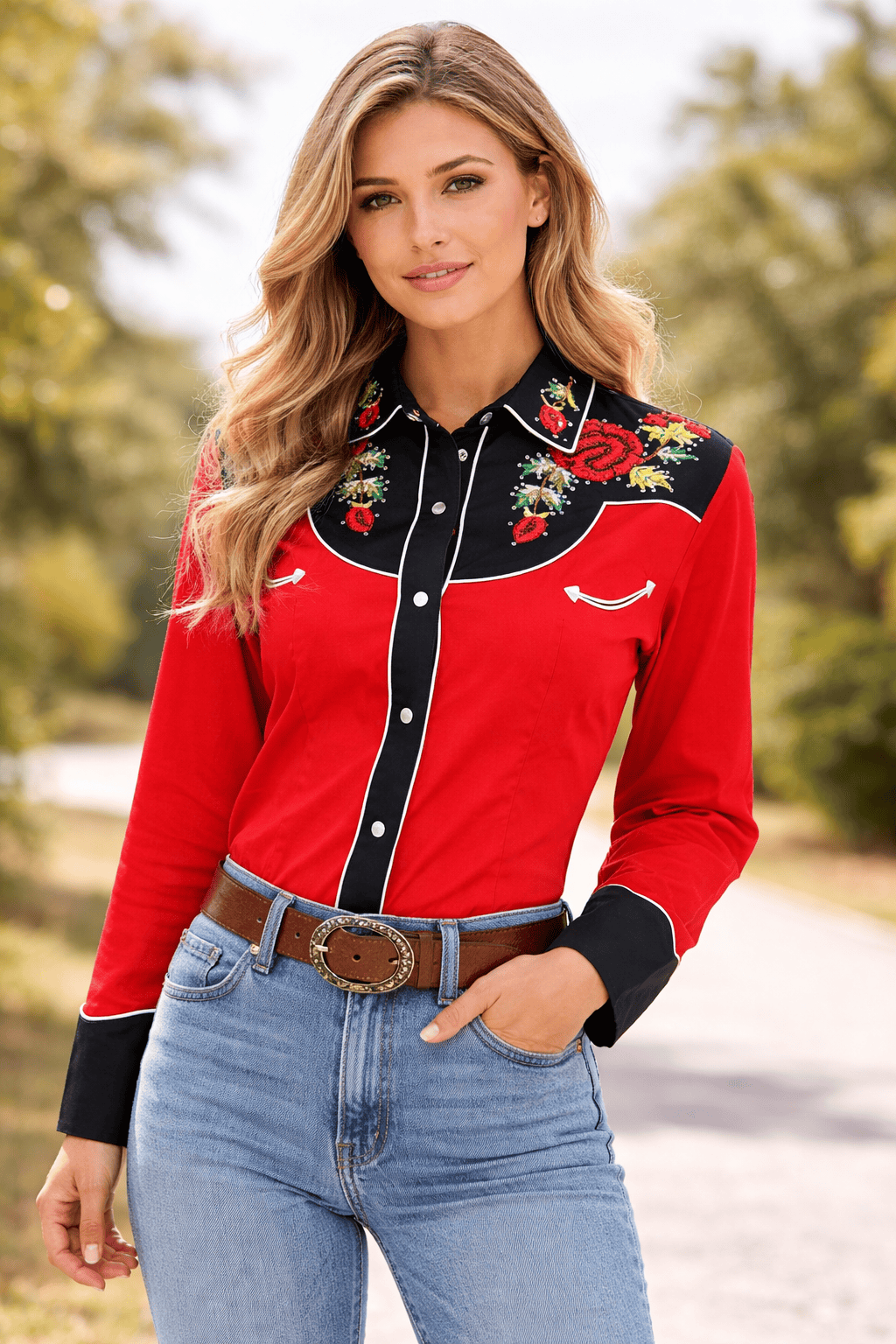 Rockmount Ranch Wear Women's Vintage 2-Tone Red Roses Embroidered Western Shirt - Little Miss Muffin Children & Home