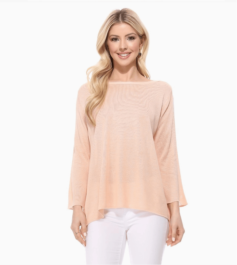 Women's Apricot Sheer Knit Boat Neck Hi-Low Long Sleeve Top