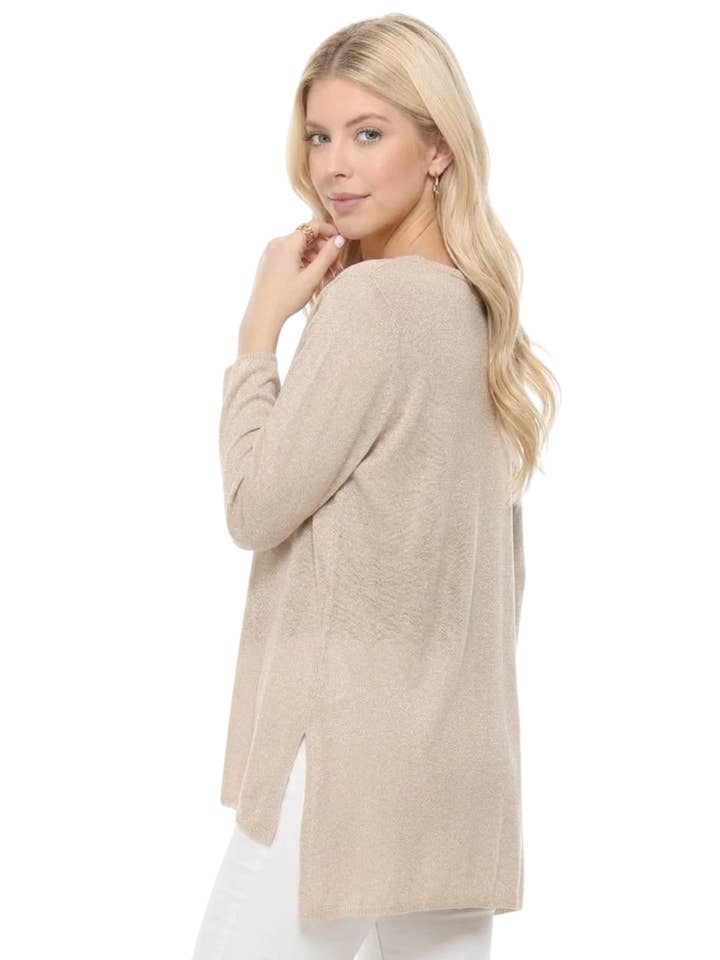 Women's Sand Sheer Knit Boat Neck Hi-Low Long Sleeve Top