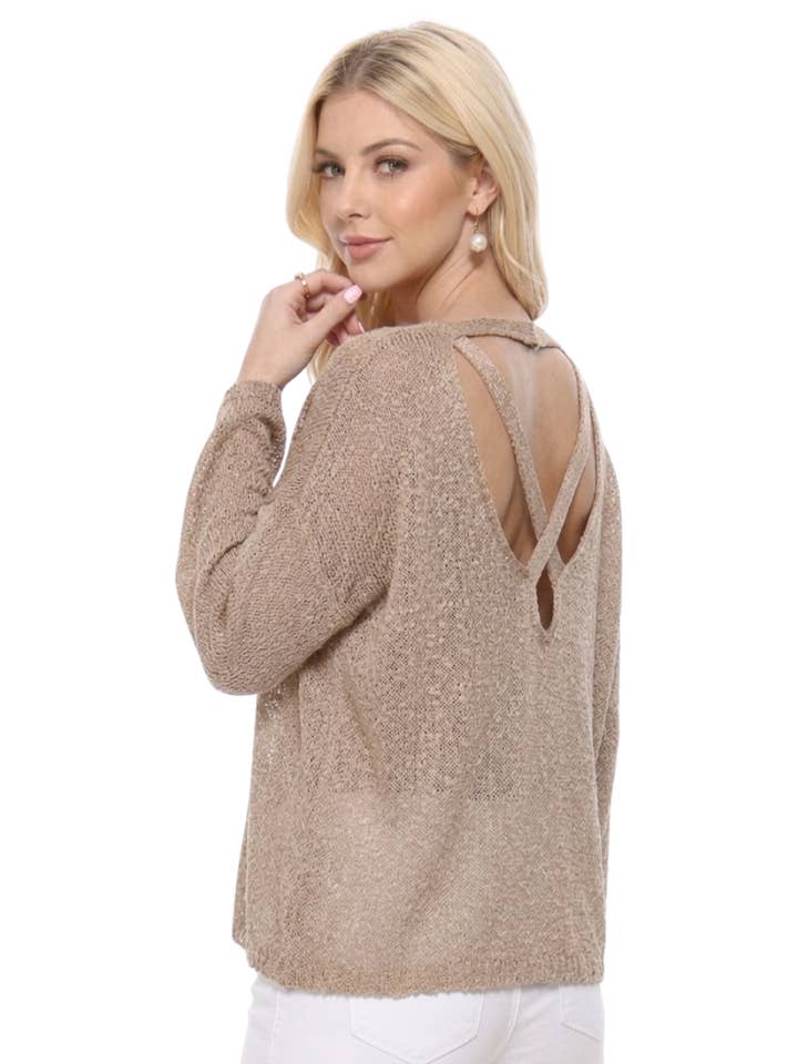 Women's Taupe Sheer Knit Batwing Sleeve Open Back Top