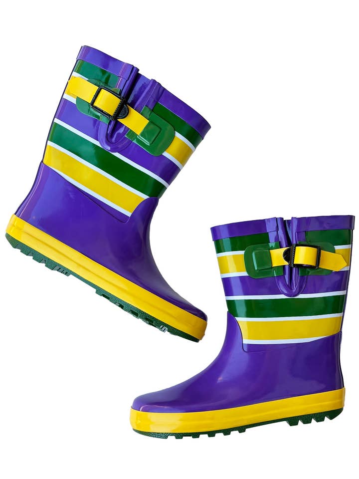 Youth Unisex Mardi Gras Striped Rain Boots