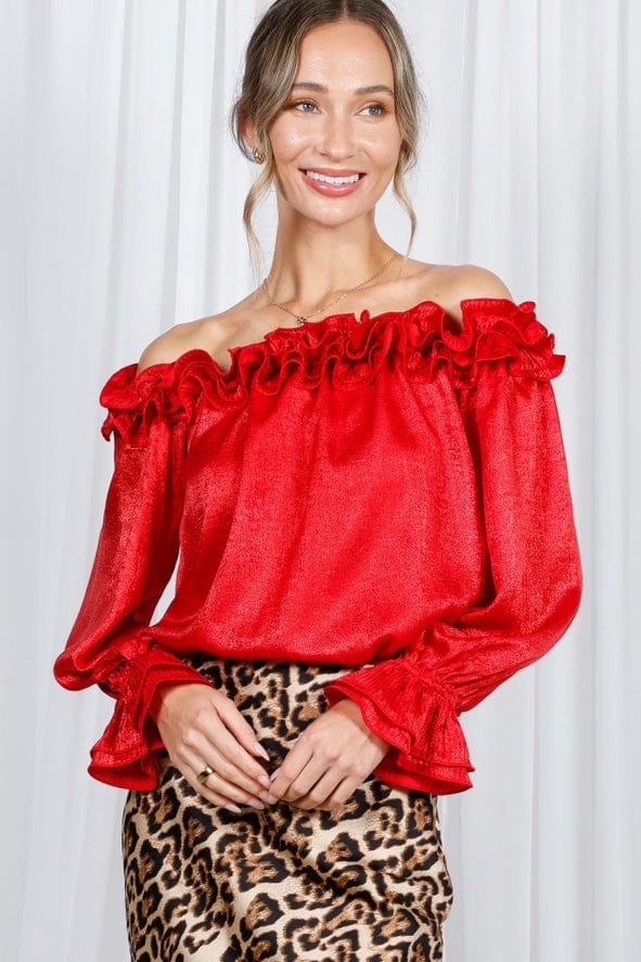 Vine & Love Vine & Love Ruffle Off-the-Shoulder Metallic Blouse in Red - Little Miss Muffin Children & Home