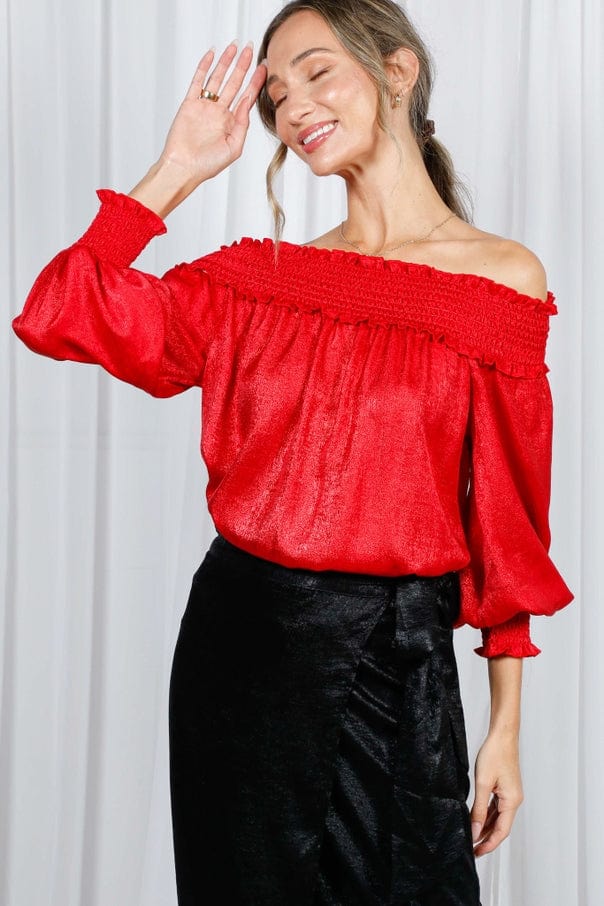 Vine & Love Vine & Love Smocked Off-the-Shoulder Metallic Blouse in Red - Little Miss Muffin Children & Home