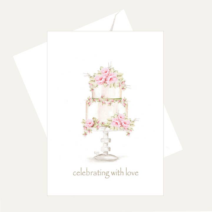 Card with a floral cake design and 'celebrating with love' text on a white background