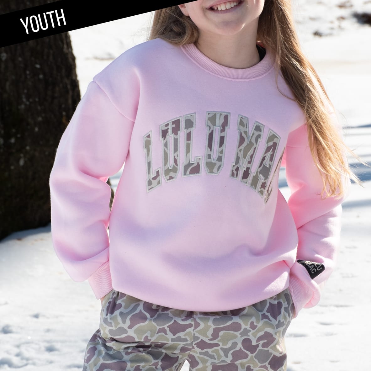 Kids' Lulu Mac Light Pink/Camo Embroidered Logo Sweatshirt by Girlie Girl Originals