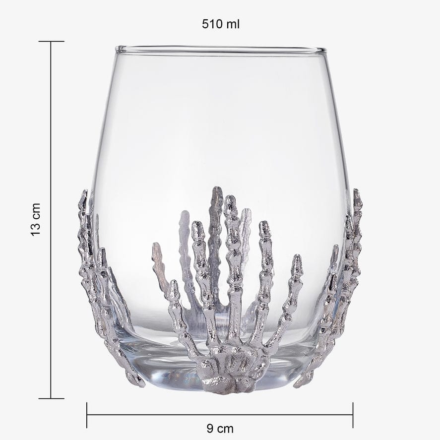 Spooky skeleton hand wine glass, detail view