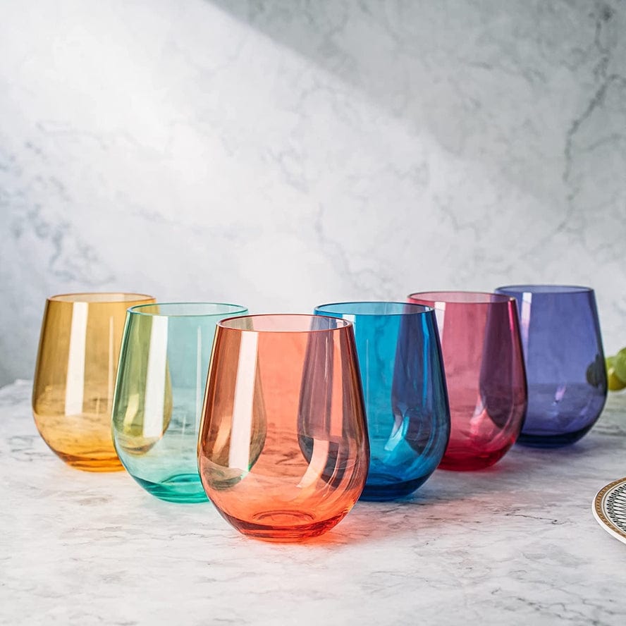 Set of 6 reusable stemless acrylic wine glasses in assorted colors