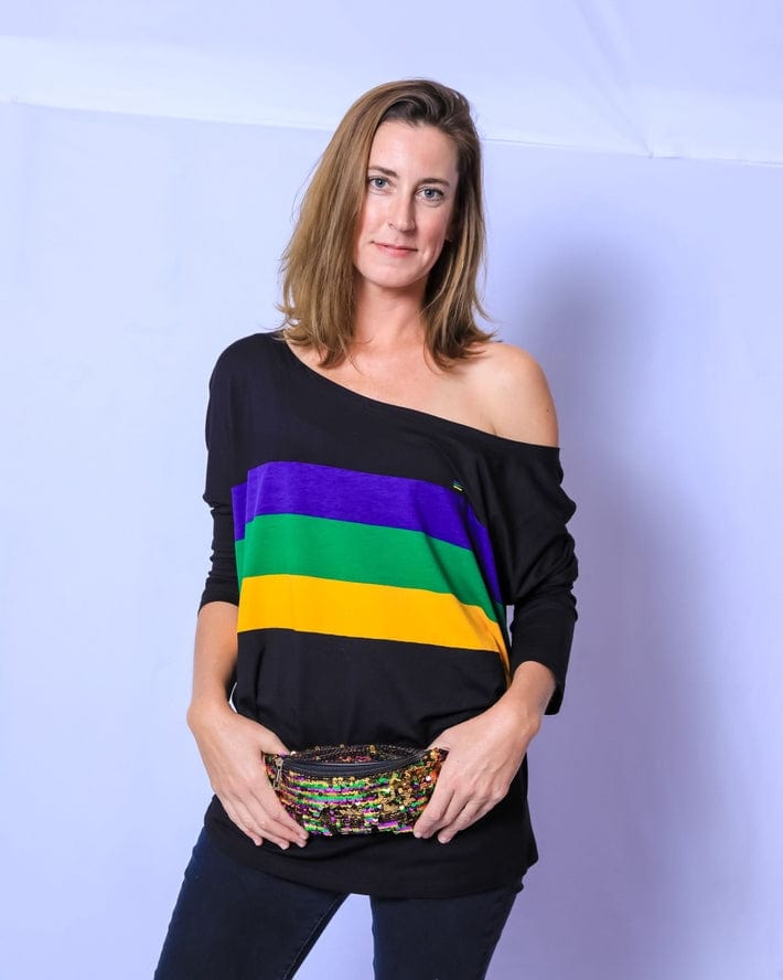 Mardi Gras Creations Mardi Gras Creations Mardi Gras Stripe Off Shoulder Jersey Top in Black - Little Miss Muffin Children & Home