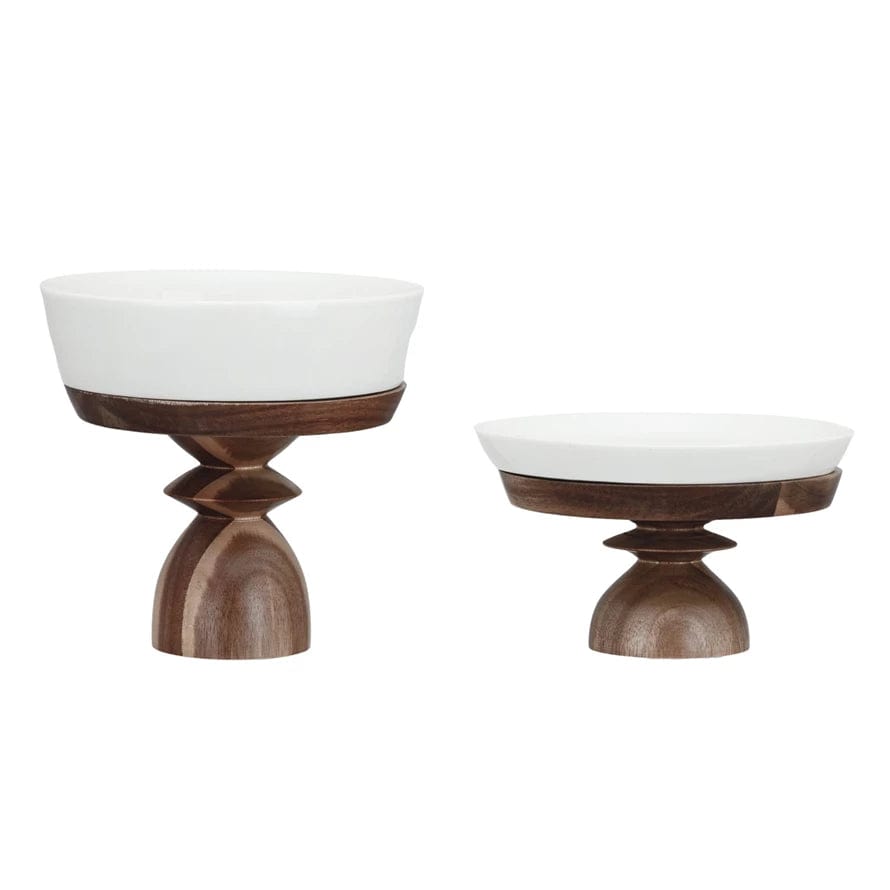 Bloomingville Bloomingville Stoneware Serving Dish on Acacia Wood Pedestal - Little Miss Muffin Children & Home
