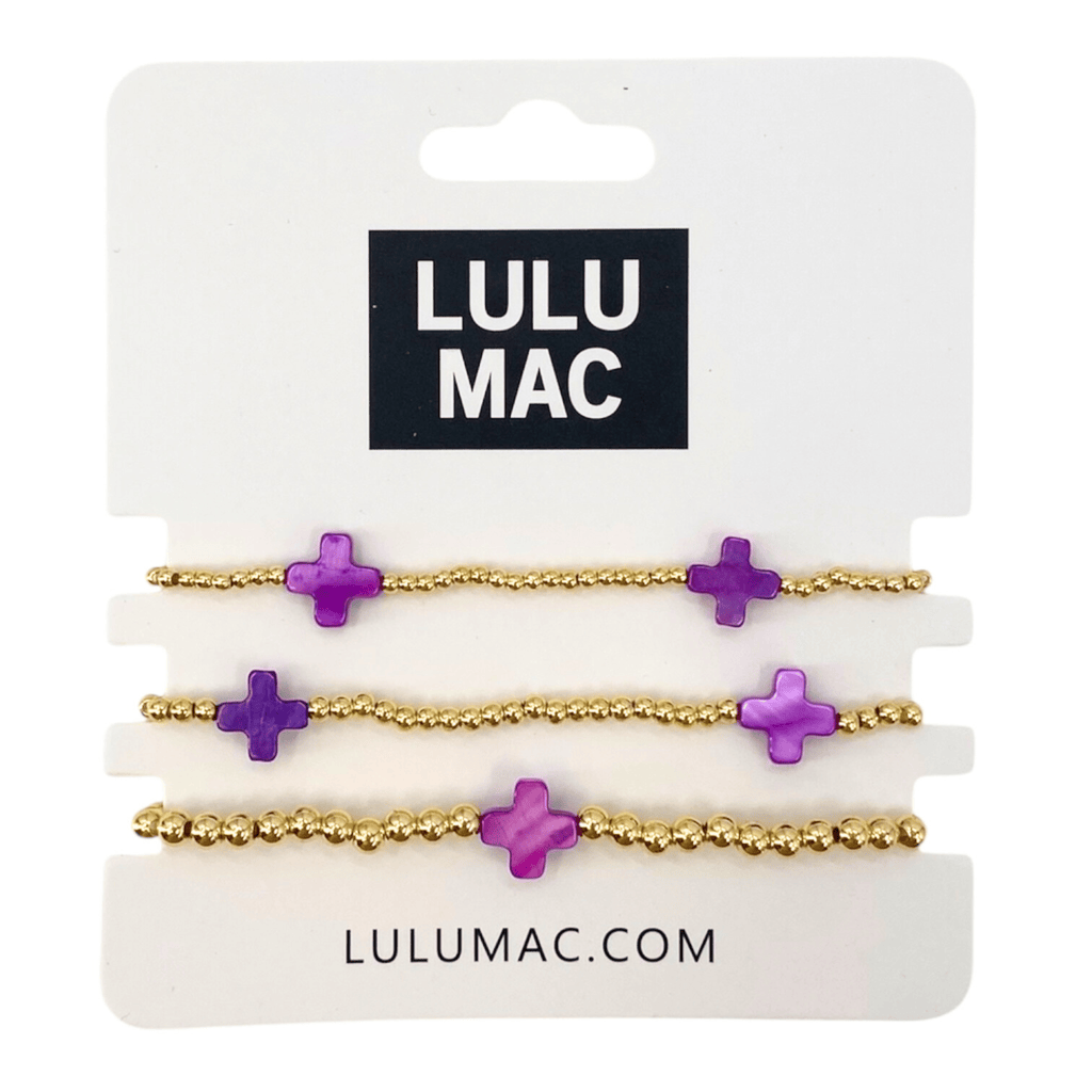 Purple Stackable Beaded Cross Bracelets (Set of 3)