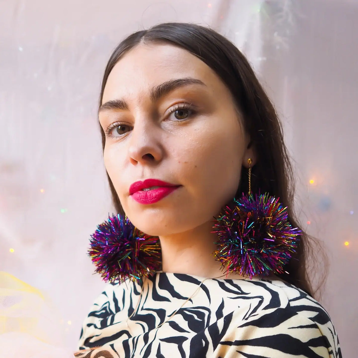 Fat Pom Poms Rainbow Tinsel Earrings - Little Miss Muffin Children & Home