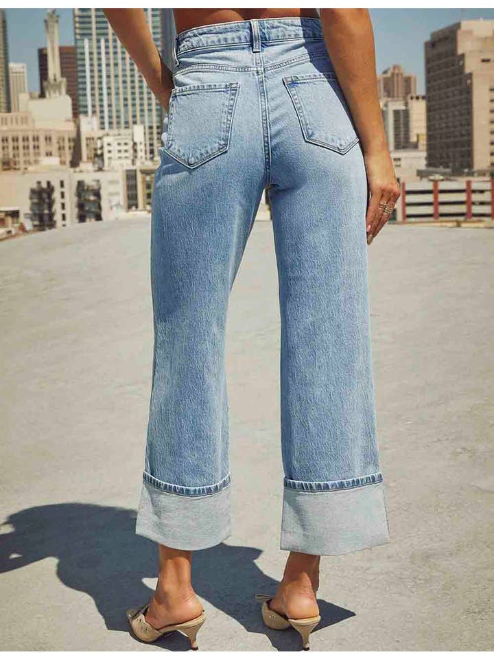 Sweetkama Medium Wash Ladies Rolled Hem Straight Leg Denim Pants - Little Miss Muffin Children & Home