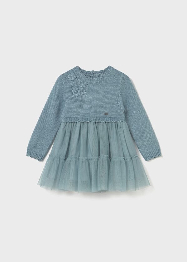blue knit and tule dress for baby