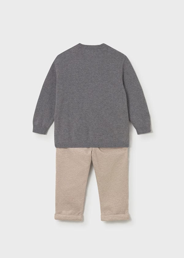 blue sweater and khaki pants set