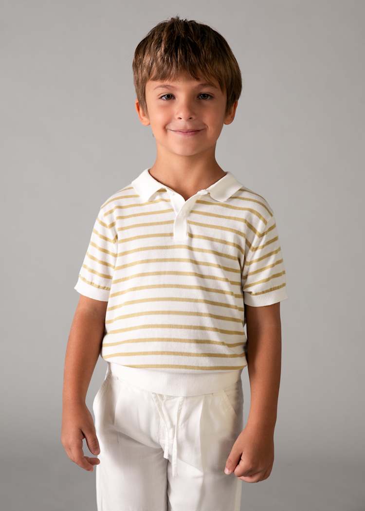 Short Sleeve Striped Polo Shirt in Cream & Mocha