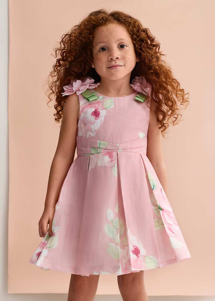 Pleated Floral Print Linen Dress